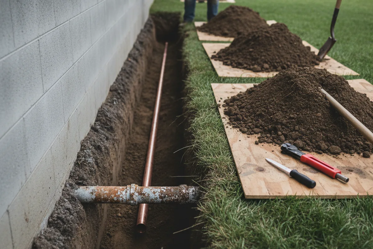 Excavated water line trench during Sewer Line Repair in Batesburg